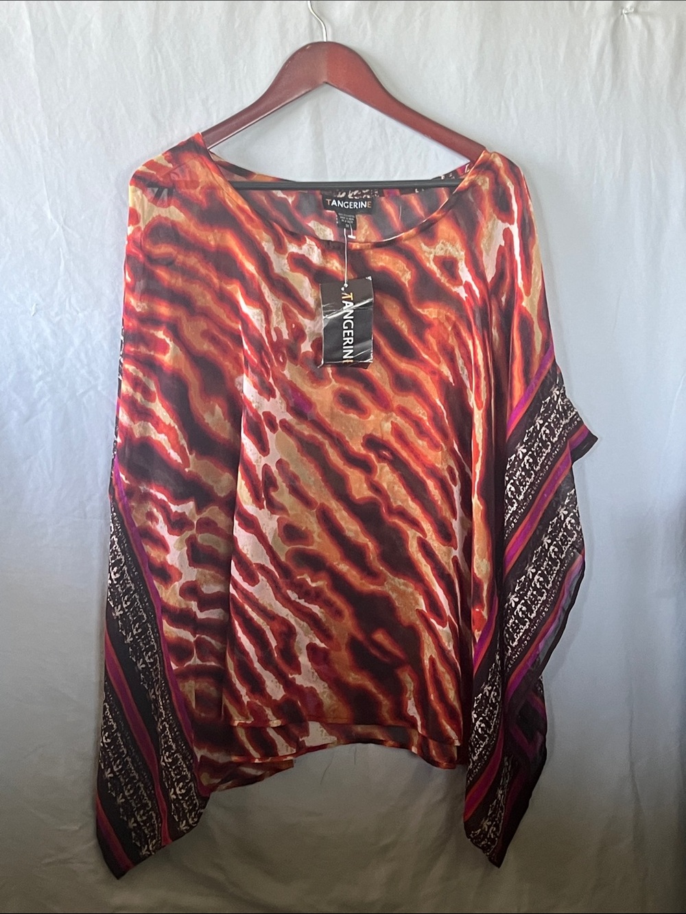 Tangerine Red Orange Multicolor Printed Poncho Tunic with Contrast Panels